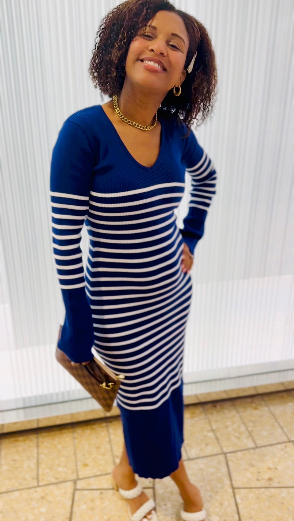 NEW "Denise" Striped V-Neck Long Sleeve Sweater Dress