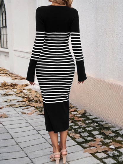 NEW "Denise" Striped V-Neck Long Sleeve Sweater Dress