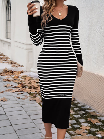 NEW "Denise" Striped V-Neck Long Sleeve Sweater Dress